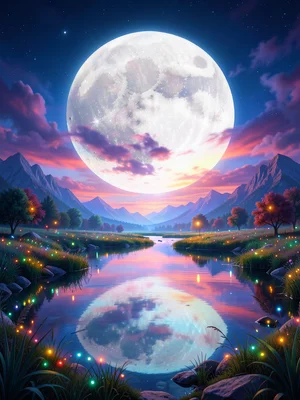 Moon so close it fills half the sky, reflecting in a still pond, fireflies aroun