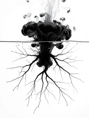 Black sumi ink dropped into clear water, initial impact mushroom cloud shape, de