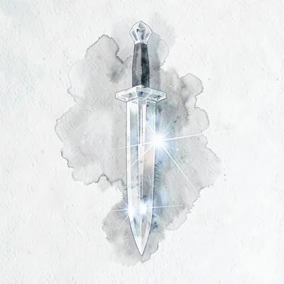 Crystal-clear lowpoly dagger held point-down with a thin transparent blade catch