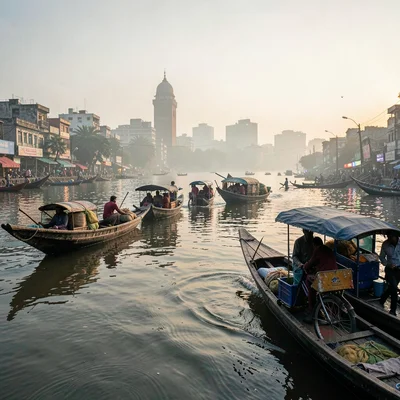 Kinetic density of Dhaka, Bangladesh, Buriganga River at dawn, wooden boats load