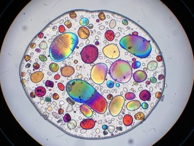 A limestone bioclastic cross section with fossil shell fragments in cross-polars