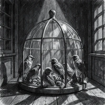 Moody charcoal of a glass dome over taxidermy birds, dim raking light catching t