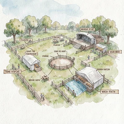 Hand-drawn illustrated venue map of the festival meadow with annotated stages, f