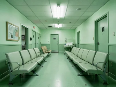 Waiting room chairs in institutional sage, empty seats in row