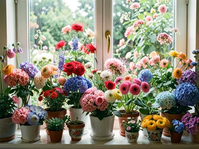 A windowsill so covered in potted plants and cut flowers the glass is barely vis