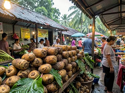 Humid tropical market light in Suva, Fiji, Fresh kava root bundles stacked at a 