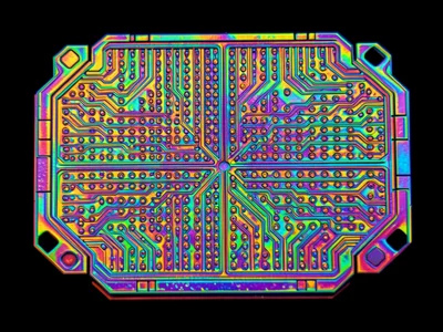 Silicon photonics die, waveguide patterns visible as subtle ridges routing light