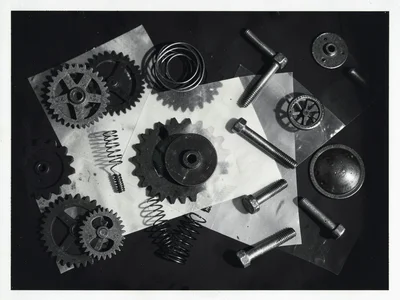A collection of industrial objects — gears, springs, bolts — arranged for photog