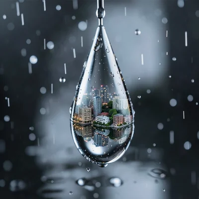 Chrome raindrop frozen mid-air containing miniature cityscape reflection
