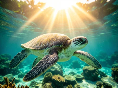 Sea turtle gliding through crystal-clear tropical water, sunbeams from above