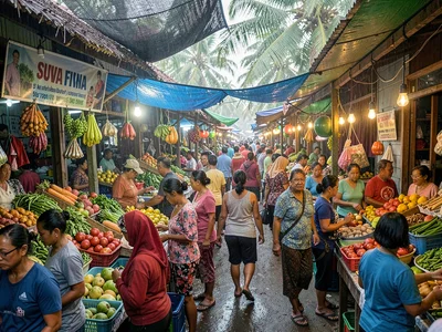 Humid tropical market light in Suva, Fiji, The morning market crowd moving throu
