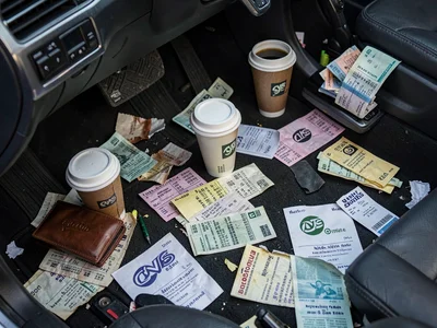 Car floor covered in receipts and coffee cups, the commuter archaeology, dashboa