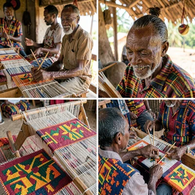 Kumasi kente weaving process, strip loom geometry, Elder in kente cloth teaching