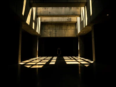 Vast brutalist atrium where shafts of late sun cut between concrete fins, castin