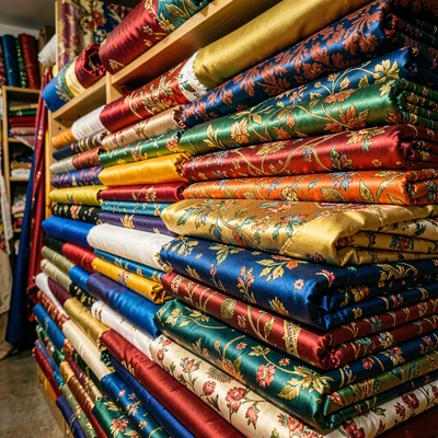Densely layered composition, rich saturated colors, Stacked bolts of fabric in a