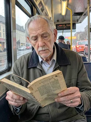 A man in his sixties reading a yellowed paperback on a rainy bus, completely una
