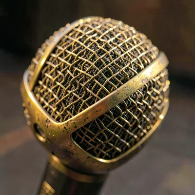 Mineral-cut macro of a tarnished brass microphone head with mesh grille catching