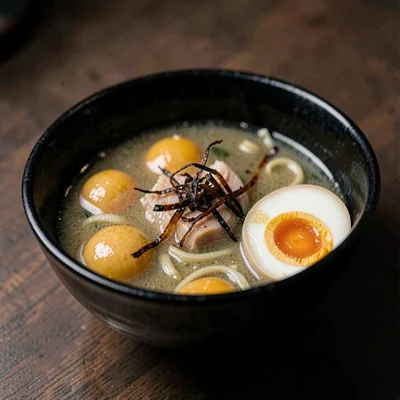 Black-glazed bowl of miso ramen in low light, golden fat orbs floating, a soft-s