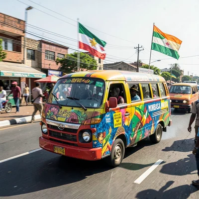 Kinetic Nairobi street energy, panned motion blur with sharp details, Matatu ove