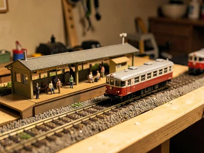 Completed layout section, passenger platform with waiting scale figures, approac