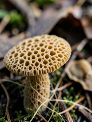 Morel mushroom extreme close-up — honeycomb pitting of the cap surface, each cel