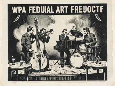 A jazz quartet on a small stage — upright bass, trumpet, piano, drums — in a smo