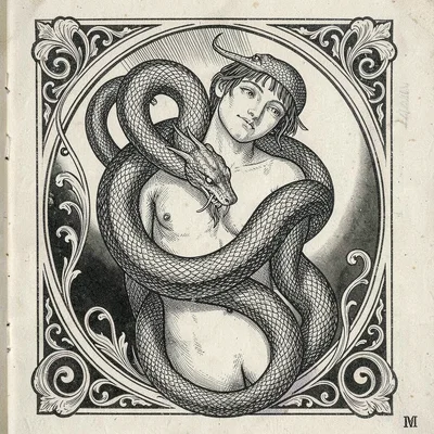 A serpent coiled around human form