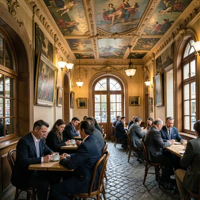 Habsburg café warmth surviving in Lviv, Ukraine, ornate coffee house ceiling fre