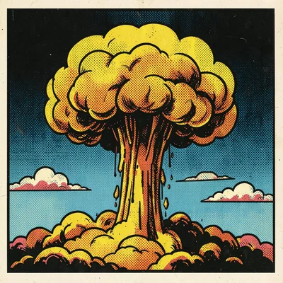 Halftone dot illustration, nuclear explosion mushroom cloud , Ben-Day dots, pop 