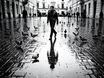 A lone figure walking across a rain-soaked cobblestone plaza, their reflection s