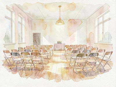Soft-wash watercolor of a multipurpose hall with folding chairs in rows, gentle 