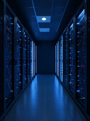 Server room corridor with blue LED-lit racks, symmetrical perspective, cool temp