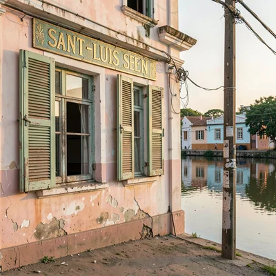 Soft morning light on faded colonial pastels, Saint-Louis Senegal, Old pharmacy 