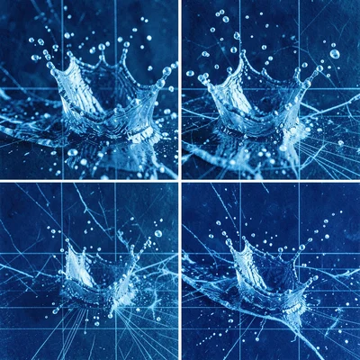 Water splash frozen mid-air, multiple exposures on single cyanotype creating a b