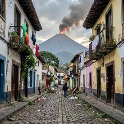Volcano-framed colonial streets of Antigua Guatemala, Hanging laundry strung bet