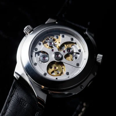 Wristwatch close-up, mechanical movement visible through exhibition caseback, ma