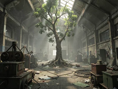 Abandoned factory floor, machinery soft as memory, tree growing through skylight