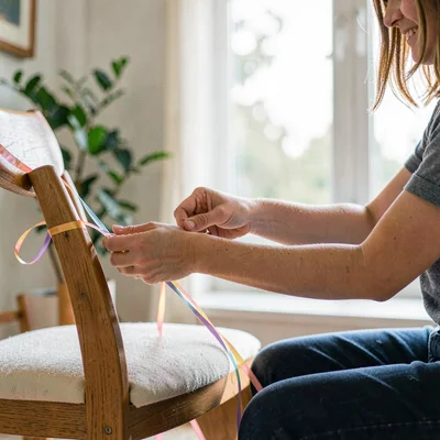 Hands-only portrait of a parent tying a balloon ribbon onto a chair, daylight