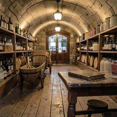 inside a French country fromagerie cellar at lamplight evening, soft wheels rowe