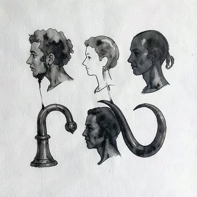 Pen-ink elevation of five axe silhouettes deconstructed into head profile and he
