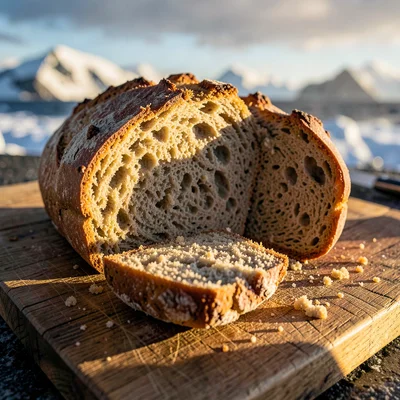 Tasmanian angular sub-Antarctic light, extreme raking shadows, Sourdough loaf be