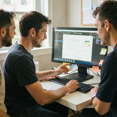 Documentary photograph, Developer pair programming at shared monitor, post-it no