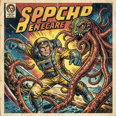 Spaceman battling tentacled alien