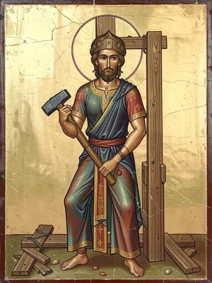 Carpenter with hammer and timber, Byzantine elongation of limbs