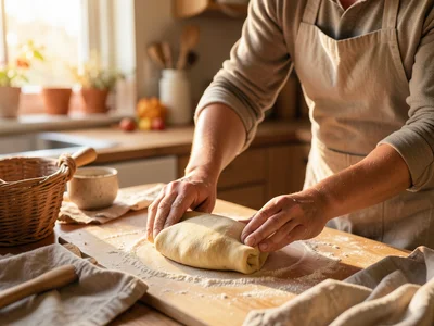 Hands rolling pie crust on floured surface, autumn kitchen, baking scene