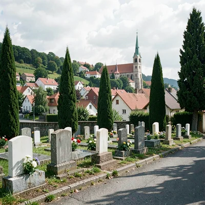 Quiet small town photography, contemplative scene, A cemetery on a hillside abov