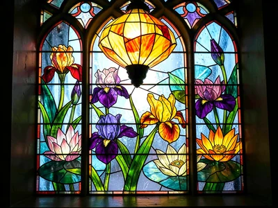 Tiffany irises and water lilies