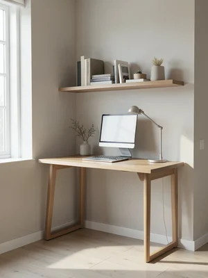 Cozy home office corner with a standing desk, warm wood shelves, and natural lig