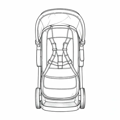 Top-down schematic of a stroller from above with seat outlines and harness lines