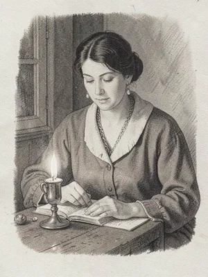 Woman reading by candlelight